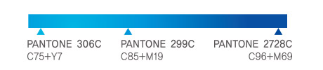 그라데이션의 색상범위 PANTONE 306C(C75+Y7) ~ PANTONE 299C(C85+M19)~ PANTONE 2728C(C96+M69)